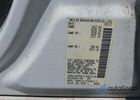 2017 Nissan Altima 2.5 Sl z USA, uszkodzony, nr VIN 1N4AL3AP3HC230124